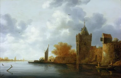 Estuario del río con una torre y murallas fortificadas, embarque de ferry